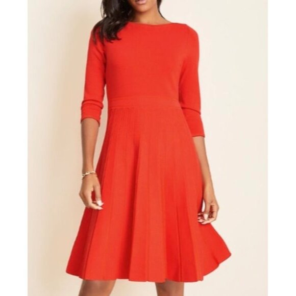 Ann Taylor Red Pleated Skirt A-Line Dress 3/4 Sleeves in Red Size XL - Picture 11 of 11